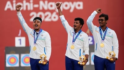 India's Sahil Rajesh Jadhav, center, Kushal Dalal, left, and Ganesh Mani Ratnam Thirumuru, right, pose with the gold medals on the podium after the compound men's team final in archery at the Asian Games in Okazaki (AP Photo/Eugene Hoshiko) India's Sahil Rajesh Jadhav, center, Kushal Dalal, left, and Ganesh Mani Ratnam Thirumuru, right, pose with the gold medals on the podium after the compound men's team final in archery at the Asian Games in Okazaki (AP Photo/Eugene Hoshiko)