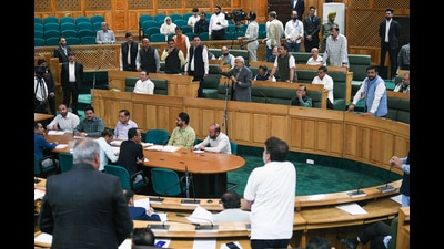 BJP MLA Sham Lal Sharma speaks during the last day of the autumn session of the Jammu and Kashmir Legislative Assembly, in Srinagar on Wednesday. State Assembly LoP Sunil Kumar Sharma also present. (ANI)