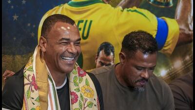 Brazilian former footballer Cafu, left, with Brazilian former striker Jose Ramirez Barreto during an interactive session at the BNCCI, in Kolkata. (PTI)
