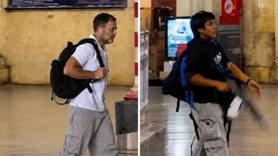 Retired IAF flight lieutenant Anoop Verma shared a collage featuring Rahul Gandhi and Kasab, with both shown carrying bags. (@FltLtAnoopVerma/X)