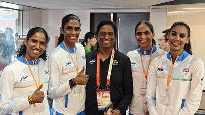 IOA president PT Usha poses with the 4x400m gold medal winning quartet in Nagoya. (@PT Usha) IOA president PT Usha poses with the 4x400m gold medal winning quartet in Nagoya. (@PT Usha)