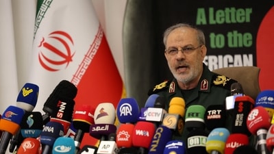 IRGC spokesperson Hossein Mohebbi speaks during a press conference in Tehran, Iran, September 29, 2026. (via REUTERS)