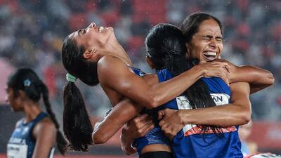 India's Prachi, India's Kiran and India's Poovamma Machettira celebrate winning the women's 4x400m relay final during the 2026 Asian Games. (AFP) India's Prachi, India's Kiran and India's Poovamma Machettira celebrate winning the women's 4x400m relay final during the 2026 Asian Games. (AFP)