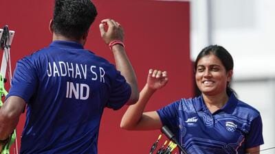 India's Sahil Jadhav and Chikitha Taniparthi celebrate after the compound mixed team archery gold medal match. (PTI) India's Sahil Jadhav and Chikitha Taniparthi celebrate after the compound mixed team archery gold medal match. (PTI)