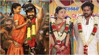 Nakshathra, Ravi Teja, Anishma Anilkumar, Rishikanth in stills from Irumudi and Modha Rathiri.