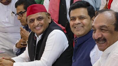Lucknow: Samajwadi Party (SP) President Akhilesh Yadav flanked by party candidates Professor Ram Gopal Yadav, second left, and Dhanraj Parimal Nathwani, second right, who filed their nomination papers for the upcoming Rajya Sabha elections from Uttar Pradesh, in Lucknow, Wednesday (PTI) Lucknow: Samajwadi Party (SP) President Akhilesh Yadav flanked by party candidates Professor Ram Gopal Yadav, second left, and Dhanraj Parimal Nathwani, second right, who filed their nomination papers for the upcoming Rajya Sabha elections from Uttar Pradesh, in Lucknow, Wednesday (PTI)