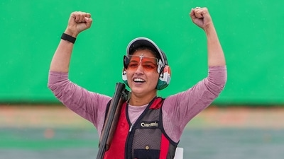 India's Neeru Dhanda celebrates after winning the gold medal in the women's trap shooting individual event during the ongoing 20th Asian Games, in Nagoya, Japan (PTI) India's Neeru Dhanda celebrates after winning the gold medal in the women's trap shooting individual event during the ongoing 20th Asian Games, in Nagoya, Japan (PTI)