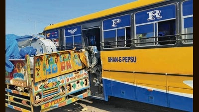 The impact severely damaged the conductor’s side of the bus, killing him on the spot. (HT Photo)