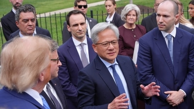 President Donald Trump, House Speaker Mike Johnson of La., and Open AI president Greg Brockman listen as NVIDIA CEO Jensen Huang speaks to reporters at the White House in Washington after meeting with top executives of AI firms. President Donald Trump, House Speaker Mike Johnson of La., and Open AI president Greg Brockman listen as NVIDIA CEO Jensen Huang speaks to reporters at the White House in Washington after meeting with top executives of AI firms.
