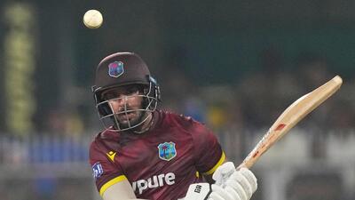 West Indies' Amir Jangoo during the second ODI against India in Guwahati on Wednesday. (AP Photo/Anupam Nath)