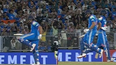 Rohit Sharma doing the high-knee celebration after his century. (BCCI X)