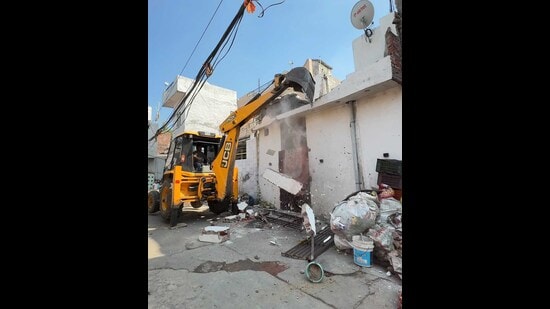 A property being demolished in Khanna on Wednesday. (HT)