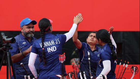 Asian Games - Aichi-Nagoya 2026 - Archery - Compound Women's Team - Semifinals - South Korea v India - Okazaki Central Park Multipurpose Square, Okazaki, Japan - September 30, 2026 India's Chikitha Taniparthi, Prithika Pradeep and Jyothi Surekha Vennam react REUTERS/Anushree Fadnavis (REUTERS)
