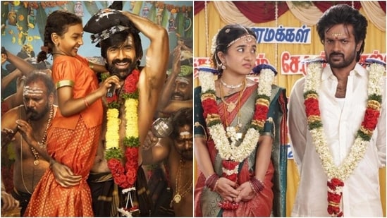 Nakshathra, Ravi Teja, Anishma Anilkumar, Rishikanth in stills from Irumudi and Modha Rathiri.