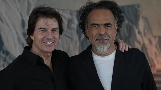 Tom Cruise and director Alejandro González Iñárritu pose for photos during an event presenting the film "Digger" in Mexico City, Saturday, Sept. 26, 2026. (AP Photo/Marco Ugarte)