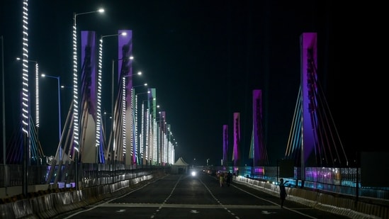 Gram it: Here's a view of the illuminated Barapullah Elevated Road Phase-III, which was recently inaugurated. This corridor will merge with the existing Barapullah flyover at Sarai Kale Khan, completing a stretch of around 9 kilometres to provide a signal-free ride between Mayur Vihar Ph 1 and AIIMS. (Photo: PTI)