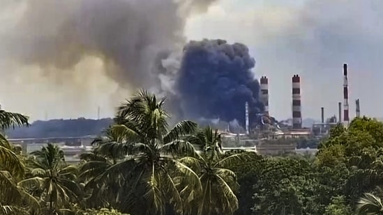 Mangaluru: Smoke erupts after a loud explosion-like sound was reported from the MRPL premises, near Jokatte in Mangaluru, Karnataka, Wednesday, Sept. 30, 2026. (PTI)