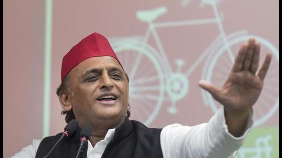 Samajwadi Party chief Akhilesh Yadav at a press conference in Lucknow on Wednesday. (ANI PHOTO)