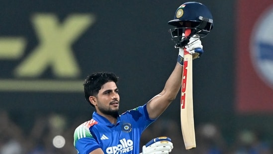 India captain Shubman Gill celebrates after scoring a double century in Guwahati on Wednesday.