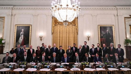 US President Donald Trump speaks during a meeting with technology executives about artificial intelligence, in the East Room of the White House in Washington, DC