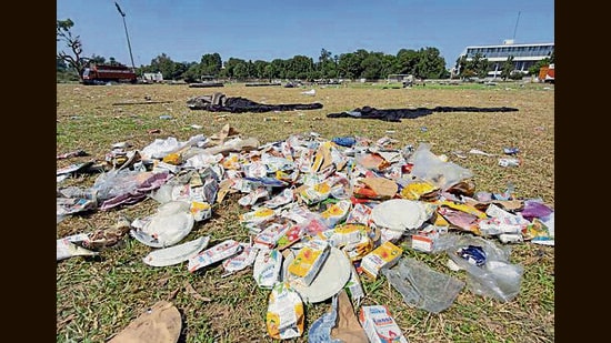 Trash left at PAU ground after the event Jashn-E-Inqalab held by Punjab Government, in Ludhiana on Wednesday. (Gurpreet Singh/Hindustan Times)