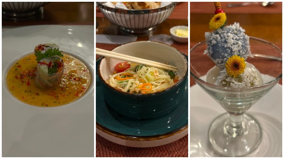 Chef Bongkot served us house-made Thai vegetable spring rolls, Som Tam, and sticky rice balls with coconut.