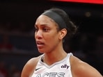 A'ja Wilson of the Las Vegas Aces against the Indiana Fever during game two of the first round of the WNBA Playoffs at Gainbridge Fieldhouse on September 29.