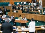 BJP MLA Sham Lal Sharma speaks during the last day of the autumn session of the Jammu and Kashmir Legislative Assembly, in Srinagar on Wednesday. State Assembly LoP Sunil Kumar Sharma also present. (ANI)