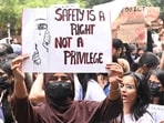 Delhi University students participate in a Women Safety March organized by students at Chhatra Marg, faculty of art, for issues concerning the safety of female students, a secure campus environment, and effective security arrangements within the Delhi University campus. 