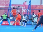 Harmanpreet Singh scores the opening goal for India against Pakistan in the Asian Games hockey semi-final. (AHF)