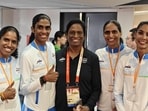 IOA president PT Usha poses with the 4x400m gold medal winning quartet in Nagoya. (@PT Usha)