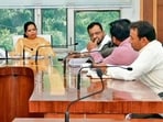 Mayor Inderjit Kaur and MC Commissioner Ojasvi Alankar conducting a meeting at MC Zone D office in Ludhiana. (HT Photo)
