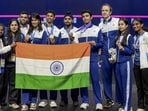 Nagoya: India’s Anahat Singh, Abhay Singh, Joshna Chinnapa, Velavan Senthilkumar and others pose for photographs after winning silver medal and Bronze medals in the women’s, men's singles and mixed doubles Squash events in the ongoing 20th Asian Games, in Nagoya, Japan, Sunday, Sept. 27, 2026. (PTI Photo/Arun Sharma)(PTI09_27_2026_000228A) (PTI)