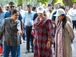 Delhi Chief Minister Rekha Gupta with others during a cleanliness drive near Kamla Nehru Ridge as part of the 'Seva Sankalp Abhiyan' campaign, in New Delhi. 