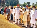 Pungrain Chairman Tejpal Singh Gill inaugurate the Government procurement of paddy at the Sudhar mandi, in Ludhiana (HT Photo)