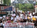 Students of Shyama Prasad Mukherjee College for Women participate in a Girls’ March for Women’s Safety from SPM College to Punjabi Bagh Police Station on Wednesday. (Arvind Yadav/HT PHOTO)