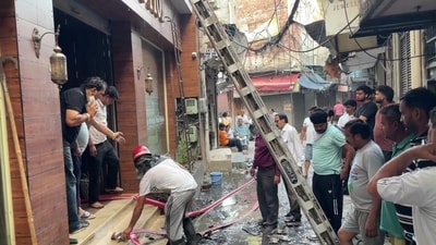 A firefighting operation underway in Dhobiyan Wali Gali, Khanna, on Thursday. (HT Photo)