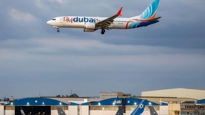 A flydubai Boeing 737 MAX 8 aircraft prepares for landing at Israel's Ben Gurion Airport in Lod on September 30, 2026. (AFP)