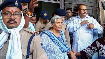Giribala Singh, mother-in-law of Twisha Sharma, comes out of the court after a hearing in connection with Twisha Sharma death case, in Bhopal. (ANI)