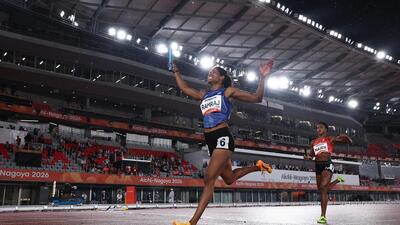 India's Vithya Ramraj celebrates as she crosses the finish line to win the women's 4 x 400m Relay Final. (REUTERS) India's Vithya Ramraj celebrates as she crosses the finish line to win the women's 4 x 400m Relay Final. (REUTERS)