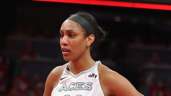 A'ja Wilson of the Las Vegas Aces against the Indiana Fever during game two of the first round of the WNBA Playoffs at Gainbridge Fieldhouse on September 29.