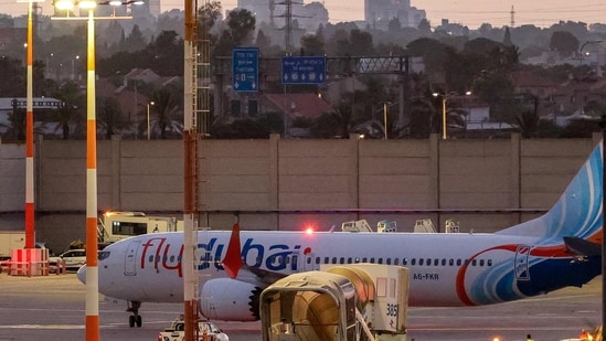 A flydubai Boeing 737 MAX 8 aircraft is pictured on the tarmac after landing at Israel's Ben Gurion Airport in Lod on September 30, 2026.