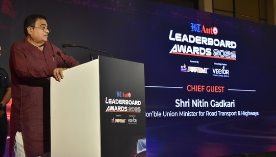 Union minister for road transport and highways Nitin Gadkari at the HT Auto Leaderboard Awards and Summit 2026. (HT Photo)