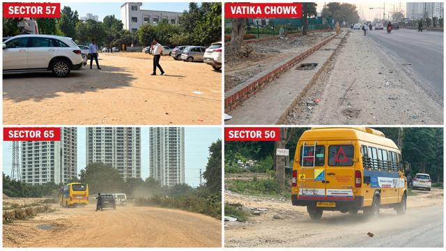 Locals and environmentalists flag persistent dust on key Gurugram roads, including Golf Course Extension Road, as MCG faces questions over progress towards its target of making 294 roads dust-free by December 31. (HT/SOURCED)