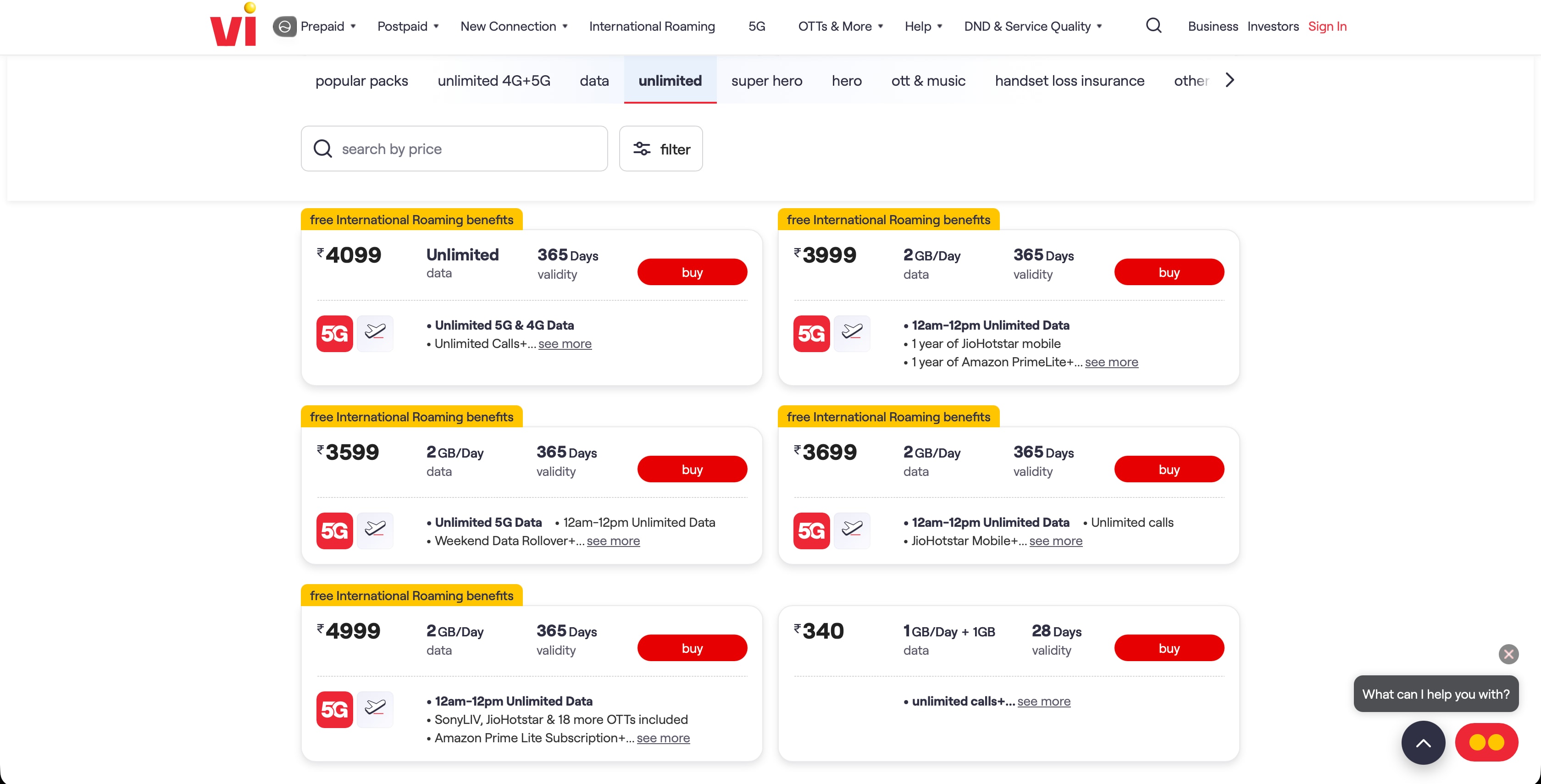 Vi Prepaid packs with IR benefits Vi Prepaid packs with IR benefits