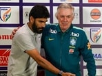 Brazil Men's National Football team head coach Carlo Ancelotti interacts with India Men's National Football team head coach Khalid Jamil during press conference ahead of upcoming International Friendly match in Kolkata, India. (Hindustan Times)