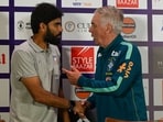 Brazil Men's National Football team head coach Carlo Ancelotti interacts with India Men's National Football team head coach Khalid Jamil during press conference ahead of upcoming International Friendly match in Kolkata, India, on Friday, October 2, 2026.  (Photo by Samir Jana/ Hindustan Times)