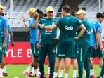 Brazil's head coach Carlos Ancelotti (C) talks with support staff as players prepare for a training in Kolkata on Friday. (AP Photo/Bikas Das)