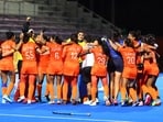 India players celebrate after winning the gold medal match against China at the Aichi-Nagoya Asian Games 2026. (REUTERS)