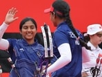India's Prithika Pradeep celebrates after winning gold in women’s compound team event at the Asian Games. (REUTERS)